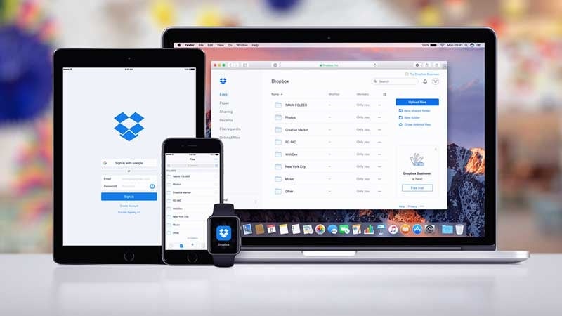 Dropbox application displayed on a laptop, tablet, smartphone, and smartwatch