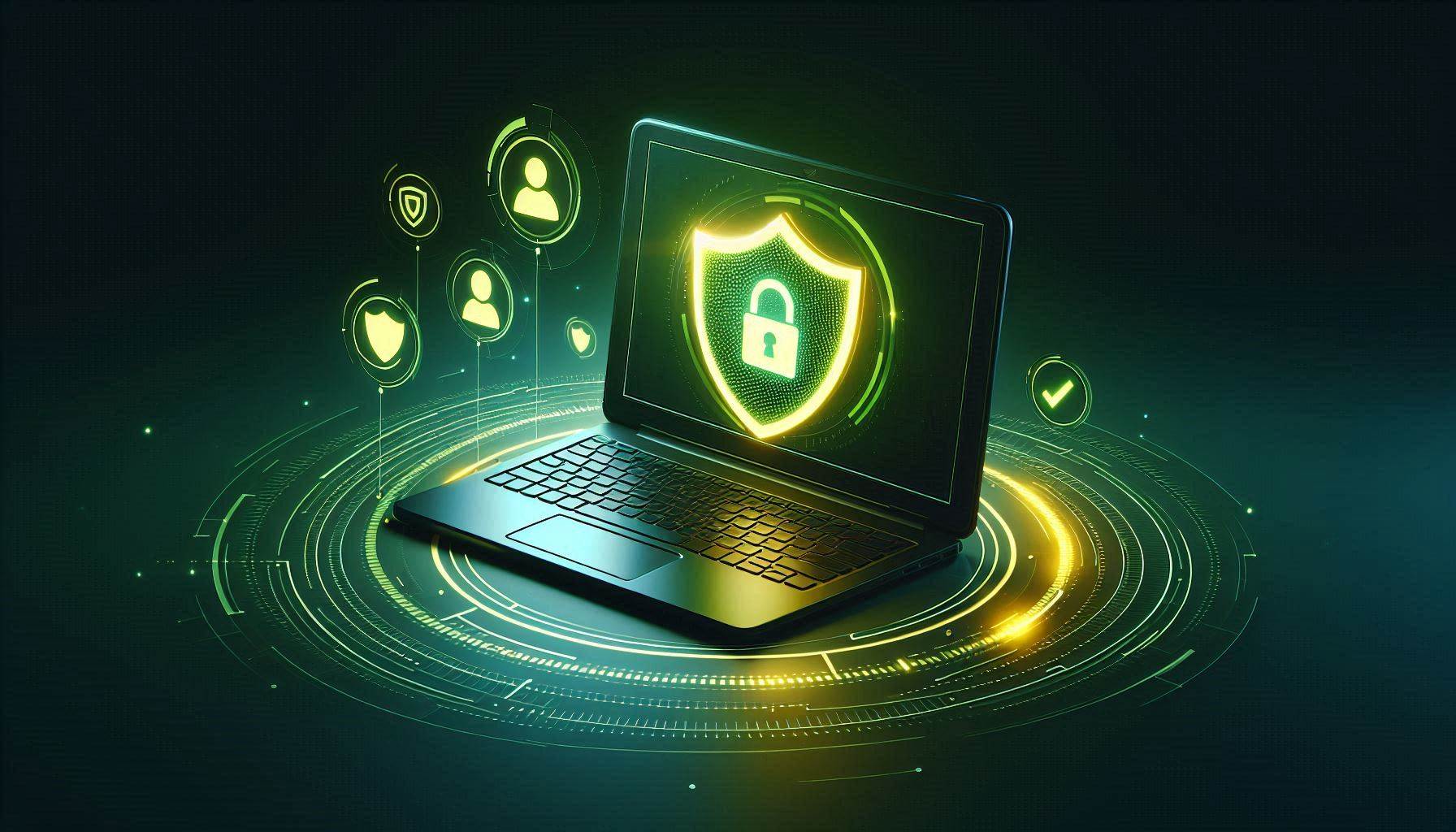 Green laptop displaying yellow shield and lock, symbolizing cybersecurity