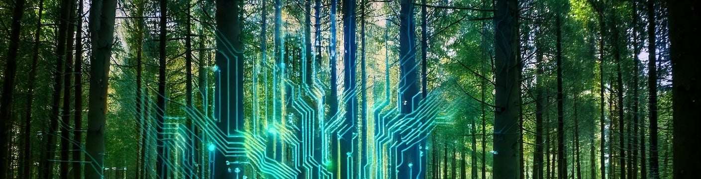 Blue circuitboard over green forest (AI-generated)