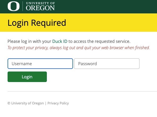 Screenshot of UO Shibboleth single sign-on screen