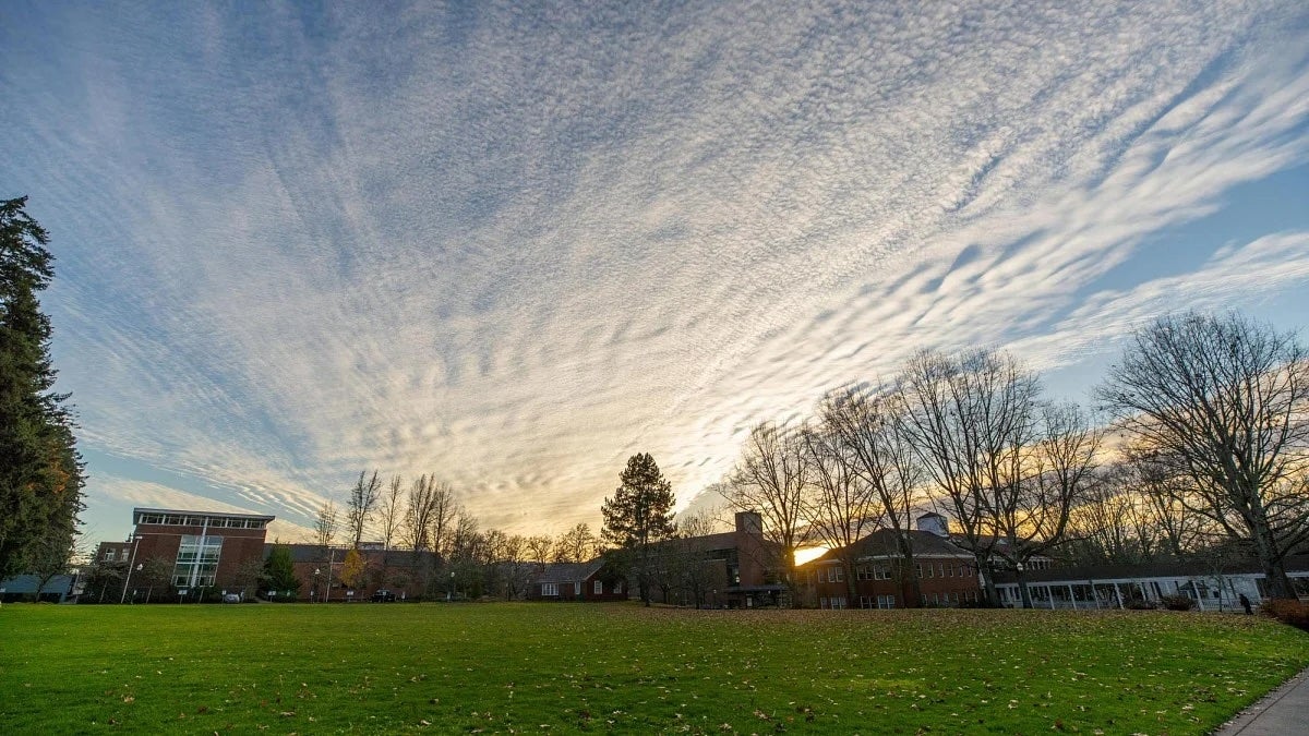 Buildings on the UO Eugene campus at sunset