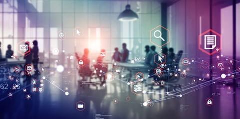 People at conference tables, overlaid with technology symbols