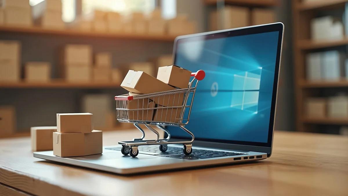 Laptop with mini shopping cart of boxes